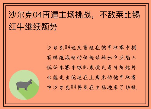 沙尔克04再遭主场挑战，不敌莱比锡红牛继续颓势