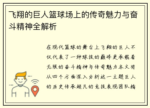 飞翔的巨人篮球场上的传奇魅力与奋斗精神全解析